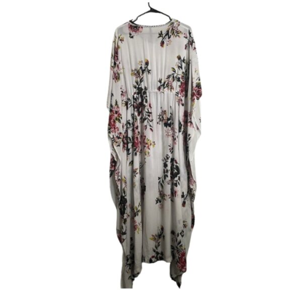 Here & Now Floral Printed Maxi Caftan Coverup Drawstring Cinched Waist - Picture 8 of 12